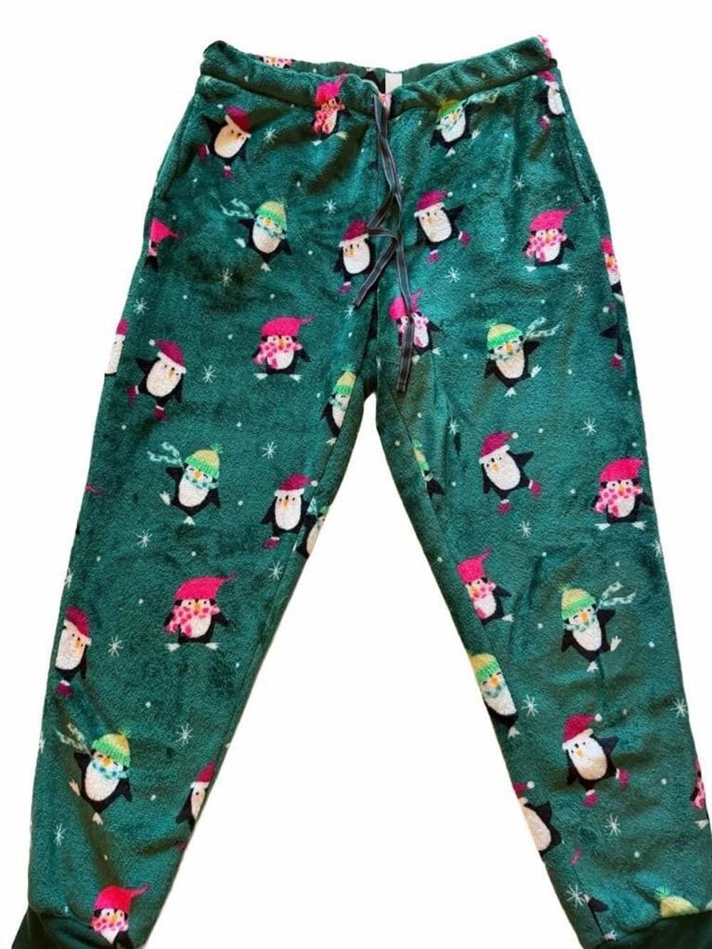 Joyspun Green Festive Penguin Snowflake Plush Fleece Pajama Pants